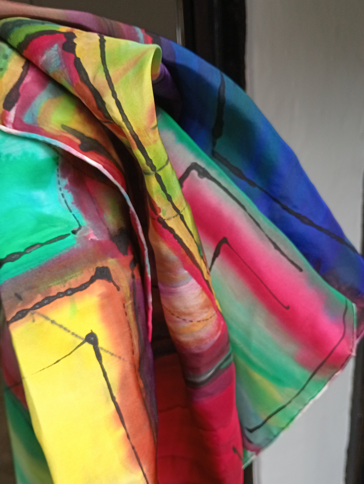 Up close hand-painted mulberry silk scarf with multicolours and black lines